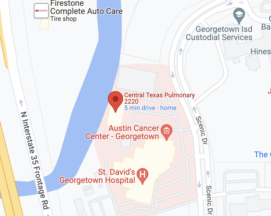 Map showing our office at 1900 Scenic Drive, next to St. David's Georgetown Hospital